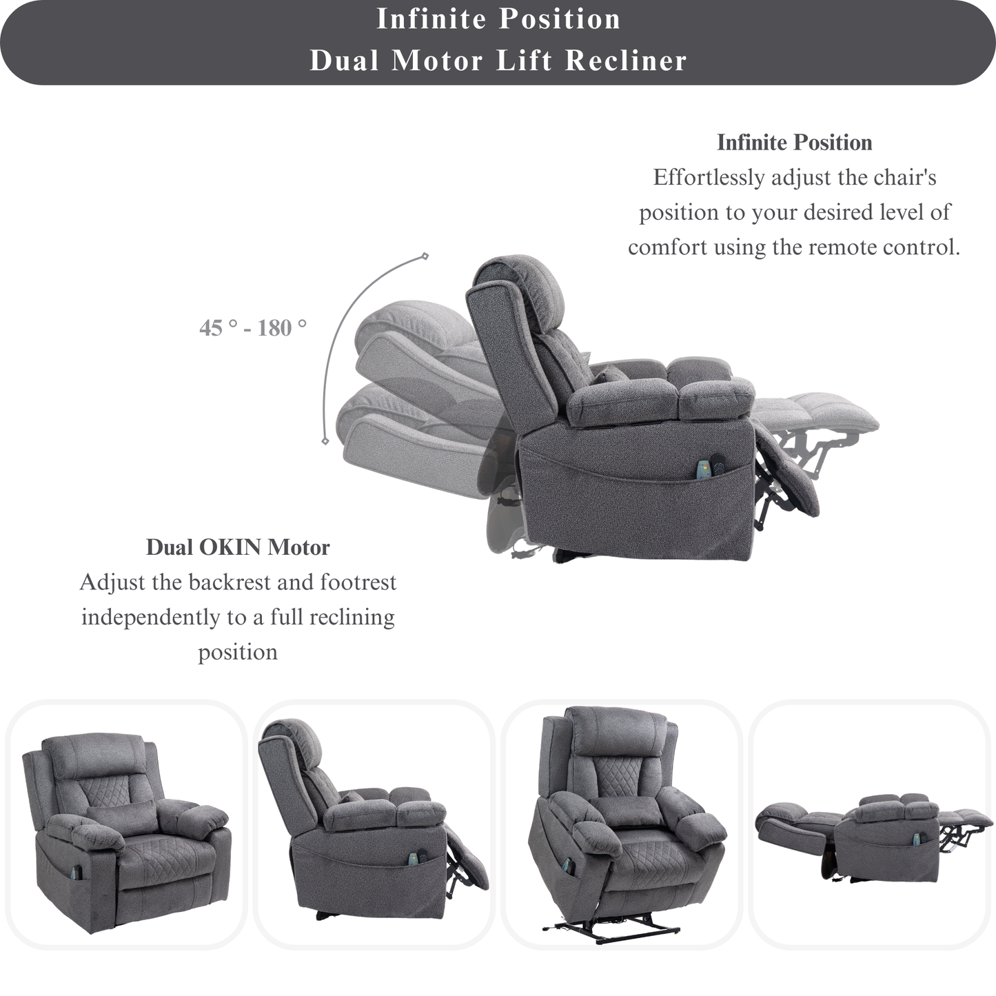 JUUXO Maximus Big Man Recliners Power Lift Chair with Heat & Massage - USB & Type C Charging- 400 lbs Capacity - Grey Chenille