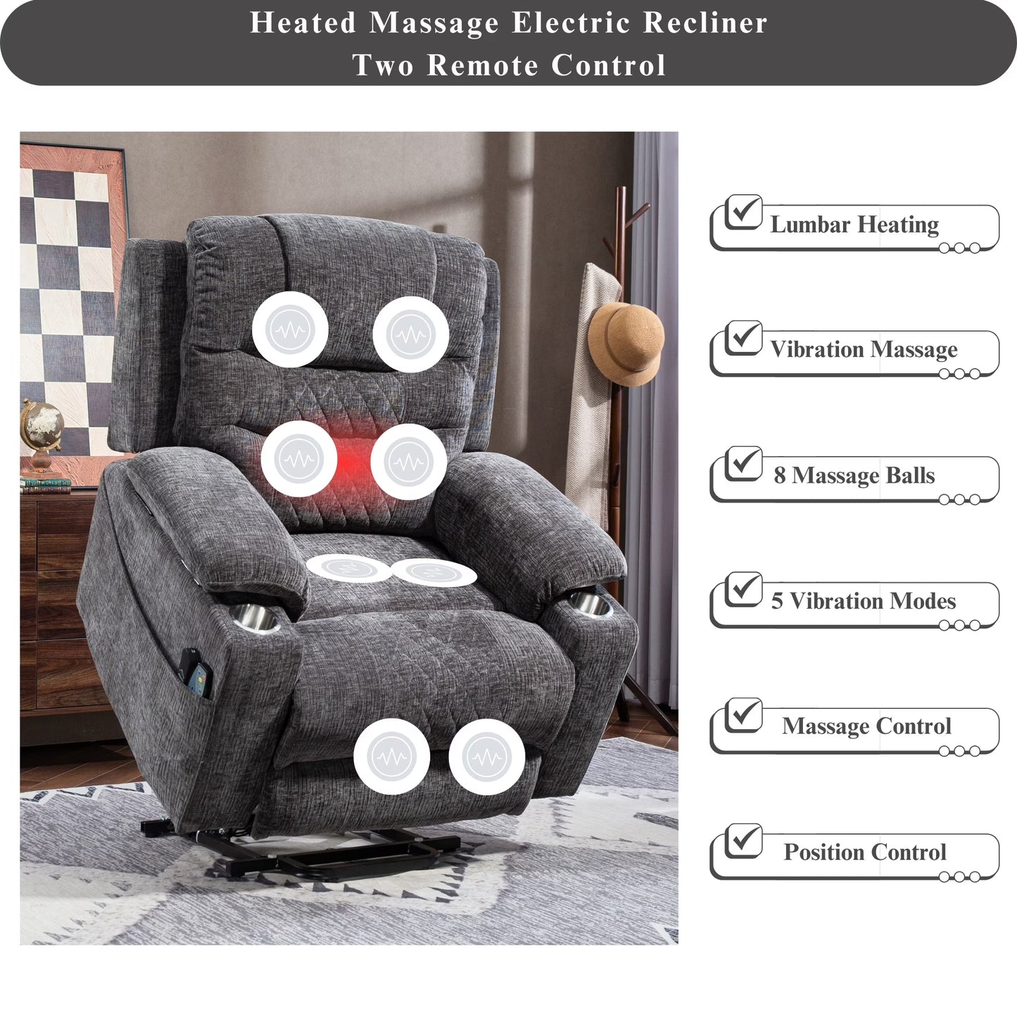 Oversized Recliner Chair 26-inch Wide Seat with Extended Footrest - Power Lift Recliner for Elderly with Heat Massage - Flip Arm Storage Cup Holders 350 lbs