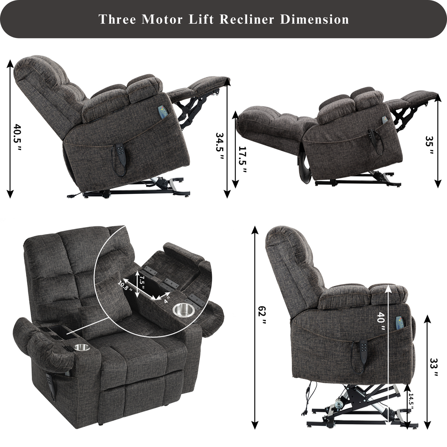 JUUXO Zenova 3-Motor Lift Chair, Zero Gravity Lay Flat Recliner with Heat & Massage - 400 lb - Dark Charcoal Grey Chenille