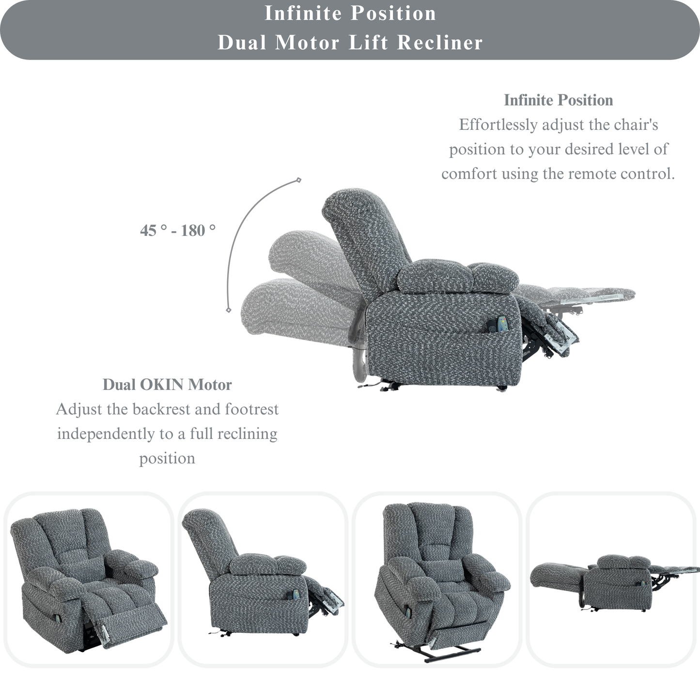 JUUXO Big Tall Man 500 lbs Recliners Power Lift Chair with Heat & Massage - USB & Type C Charging - Heather Grey Chenille