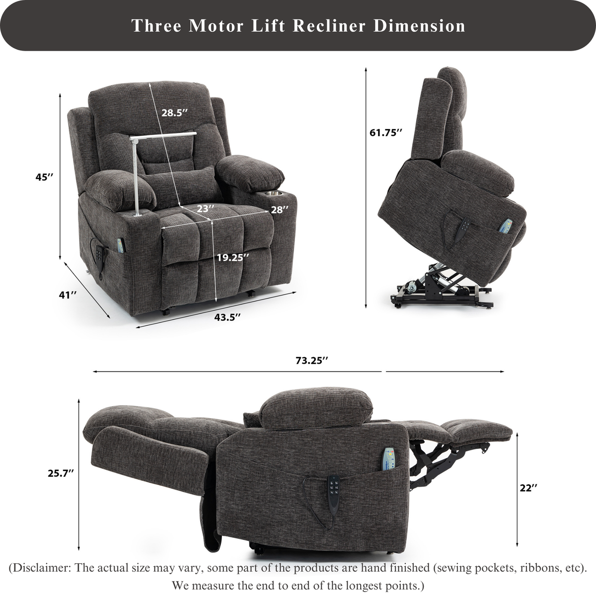 3-Motor Lift Chair, Zero Gravity Lay Flat Recliner with Heat & Massage - 400 lb