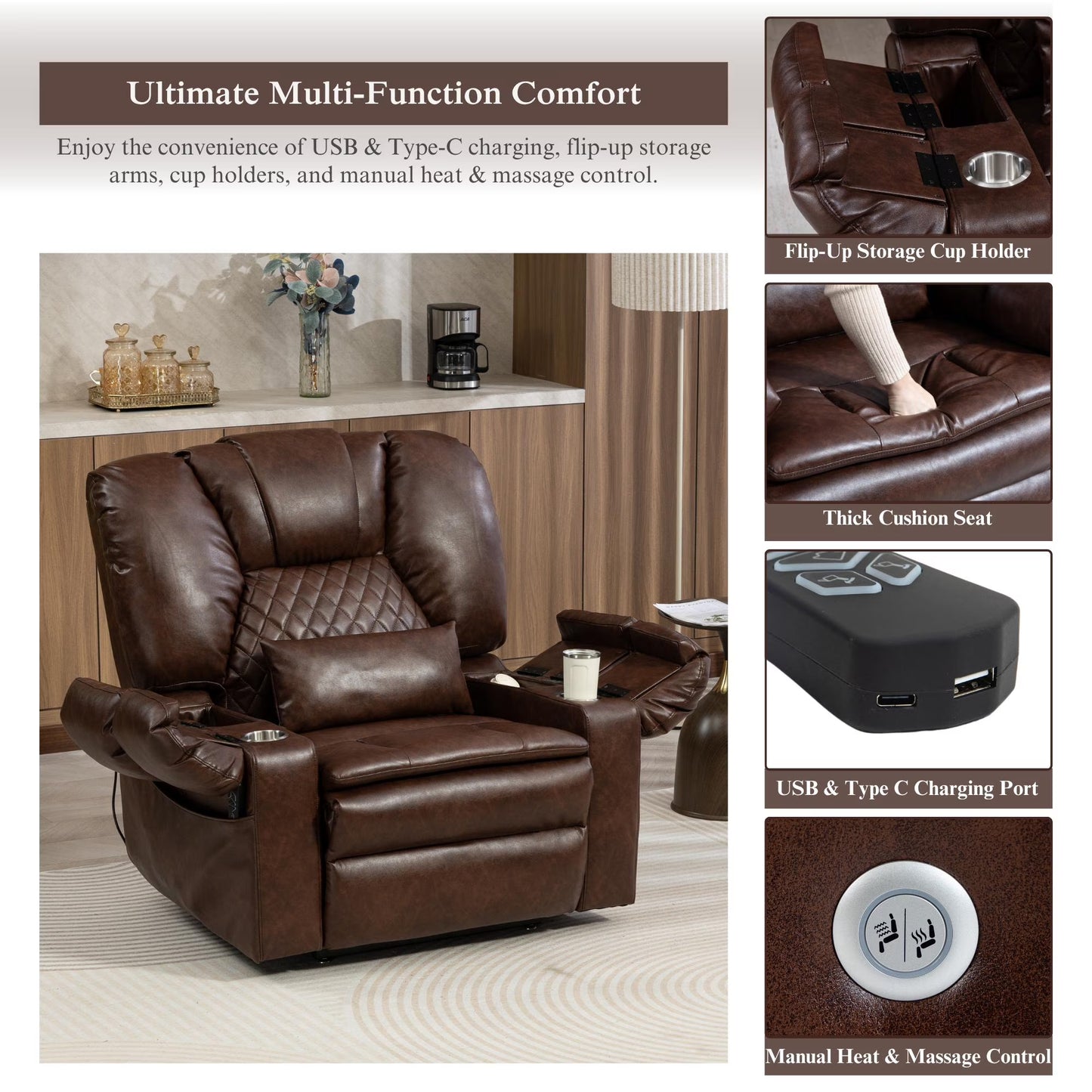 Airbag Massage Recliner Power Lift Chair for Elderly Adults Big Man Recliners 400 lbs with Heat Arm Storgage Cup Holders USB Type-C