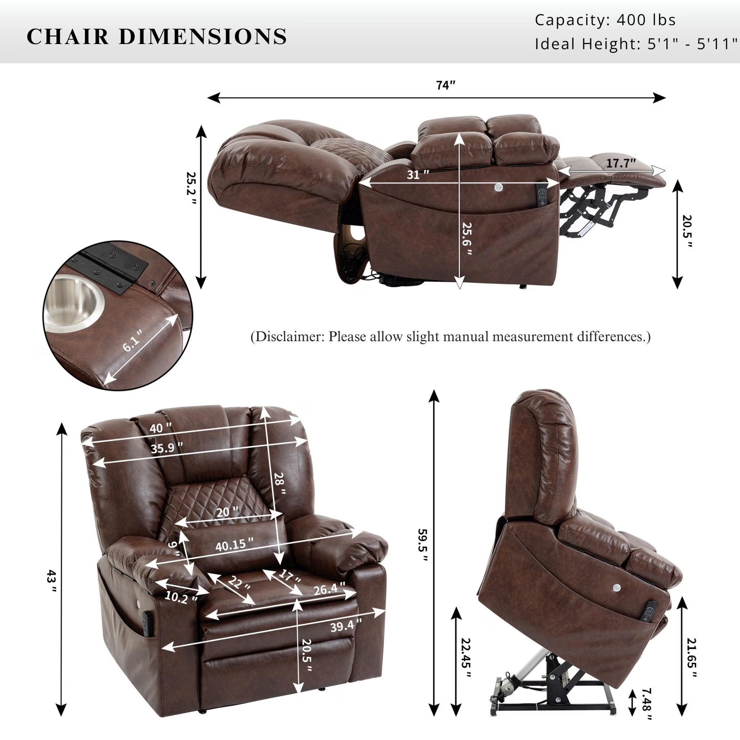 Airbag Massage Recliner Power Lift Chair for Elderly Adults Big Man Recliners 400 lbs with Heat Arm Storgage Cup Holders USB Type-C