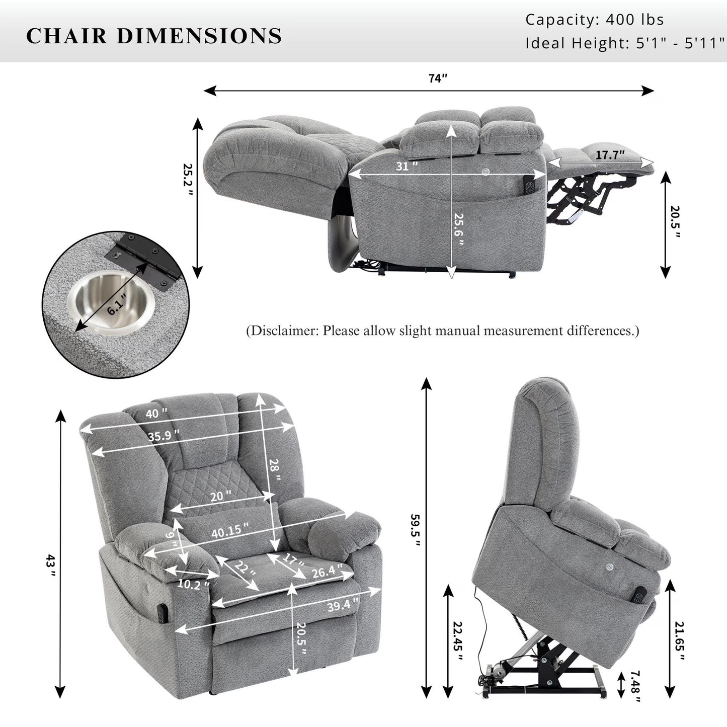 Airbag Massage Recliner Power Lift Chair for Elderly Adults Big Man Recliners 400 lbs with Heat Arm Storgage Cup Holders USB Type-C