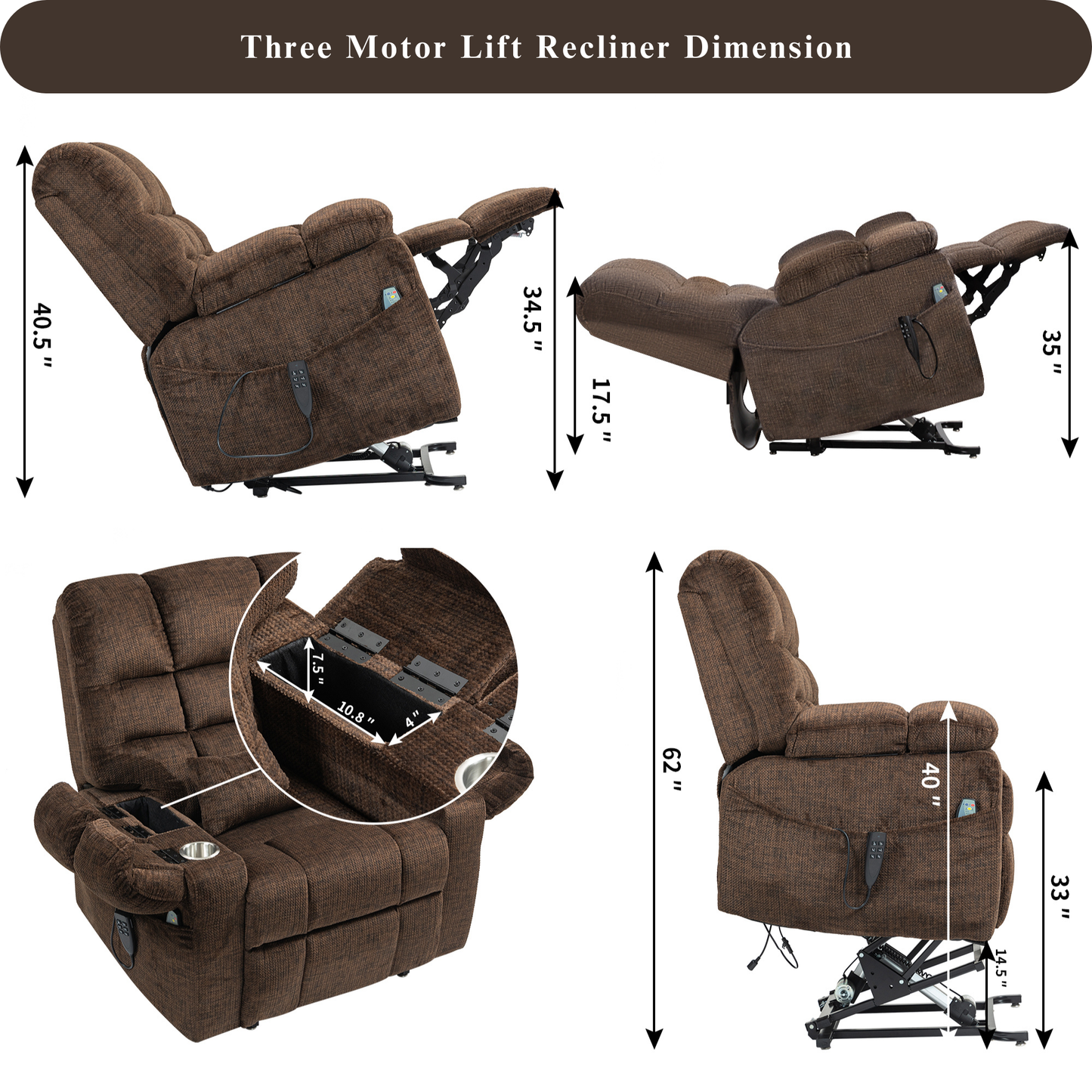 JUUXO Zenova 3-Motor Lift Chair, Zero Gravity Lay Flat Recliner with Heat & Massage - 400 lb - Dark Brown Chenille