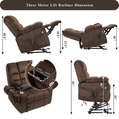 JUUXO Zenova 3-Motor Lift Chair, Zero Gravity Lay Flat Recliner with Heat & Massage - 400 lb - Dark Brown Chenille