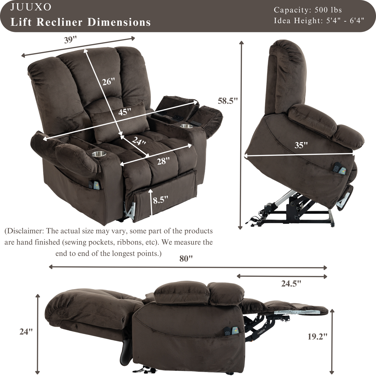 JUUXO Big Tall Man 500 lbs Recliners Power Lift Chair with Heat & Massage - USB & Type C Charging - Brown Velvet