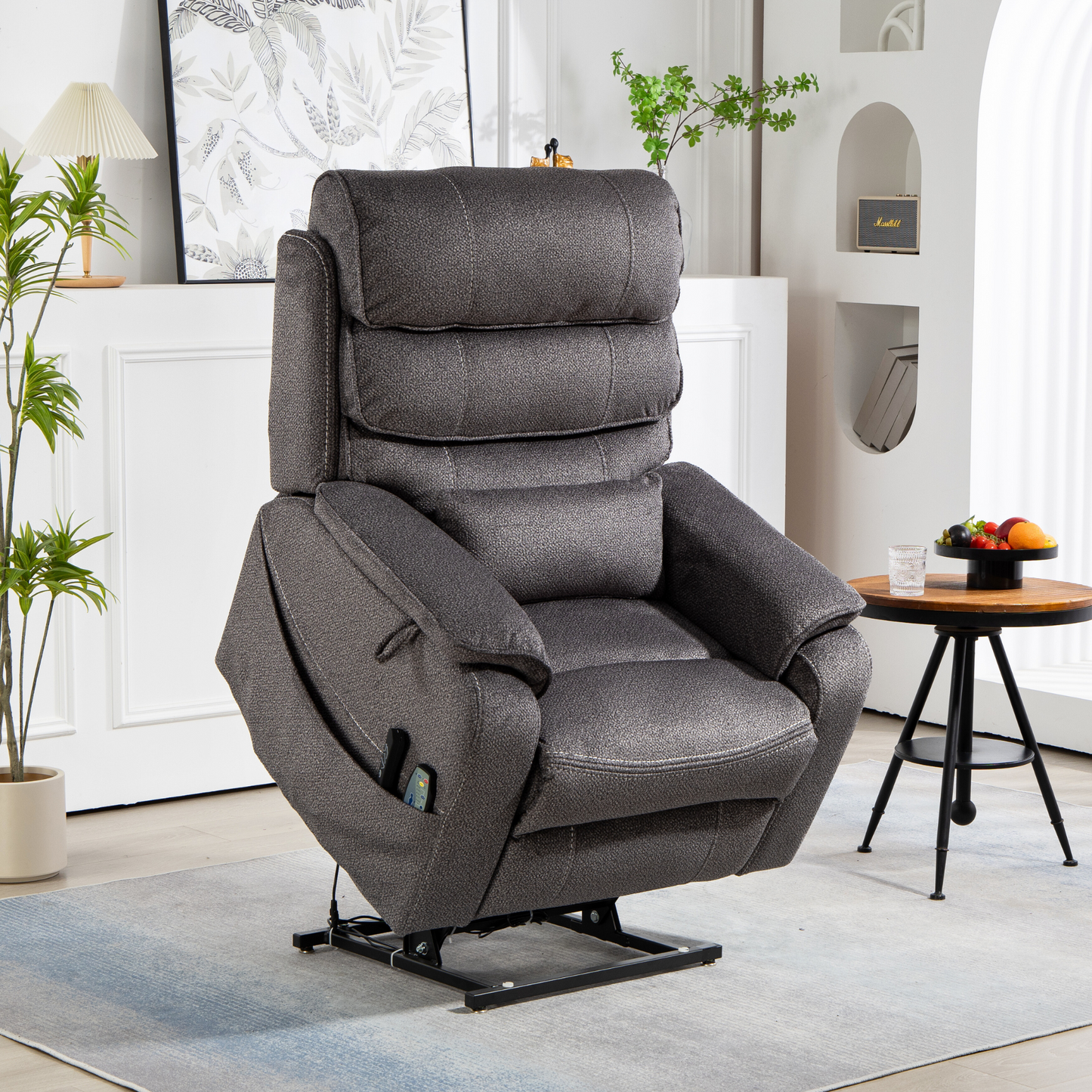 Pinnacle Lay Flat Recliner with Fold Out Tray Cup Holder & Wireless Phone Charger - Heat & Massage - Grey
