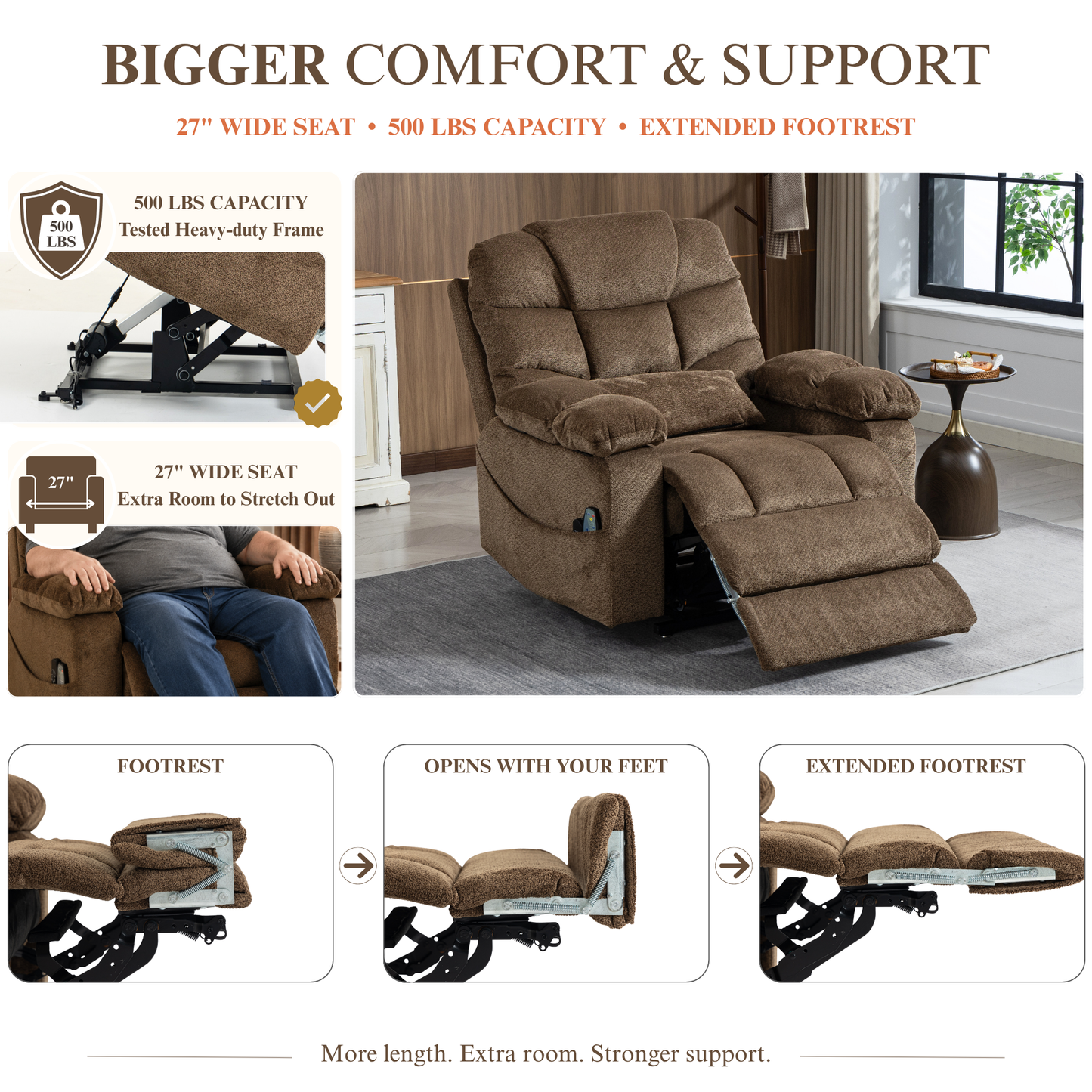 JUUXO Big Tall Man 500 lbs Recliners Power Lift Chair with Heat & Massage - USB & Type C Charging - Mocha Brown Chenille