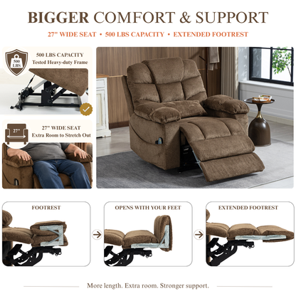 JUUXO Big Tall Man 500 lbs Recliners Power Lift Chair with Heat & Massage - USB & Type C Charging - Mocha Brown Chenille