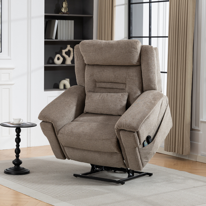 Big Man Recliners Power Lift Chair with Heat Massage, Cup Holder & Wireless Phone Charger, USB Type C Charging- 400 lbs Capacity - Mocha Taupe Woven AirMesh