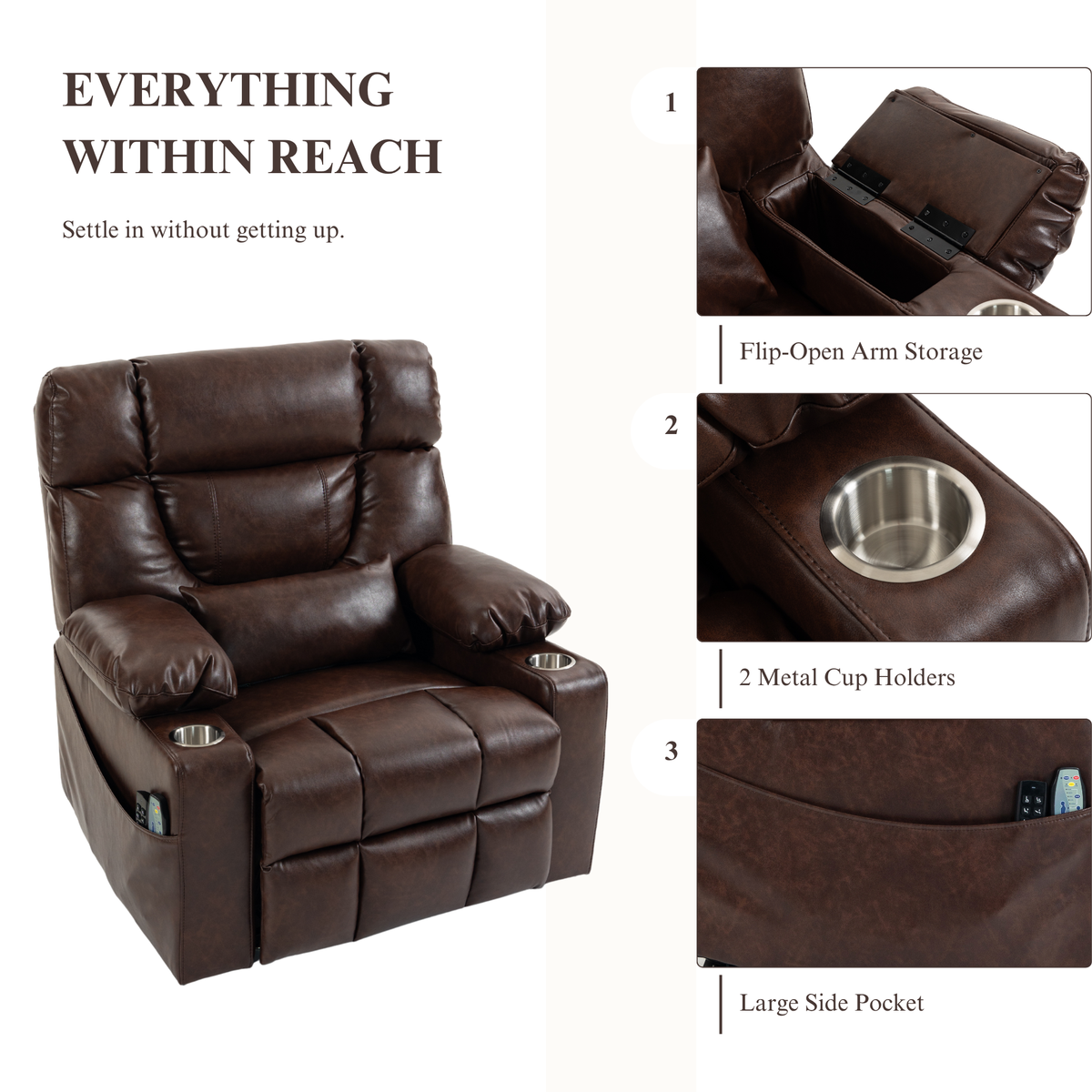 Triple Motor Power Lift Recliner Chair for Elderly, Lay Flat Recliner with Adjustable Headrest, Vibration Massage and Lumbar Heat, Flip-Open Arm Storage, Cup Holders