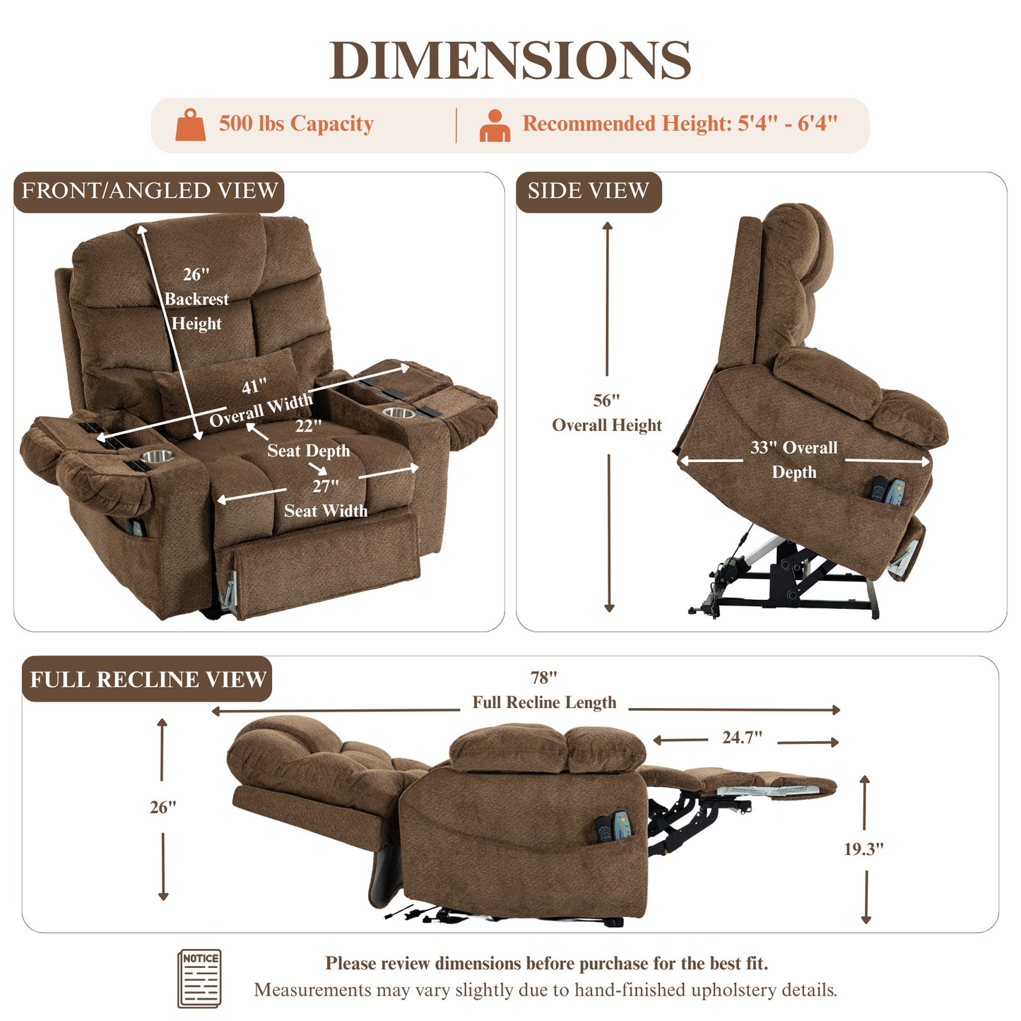 JUUXO Big Tall Man 500 lbs Recliners Power Lift Chair with Heat & Massage - USB & Type C Charging - Mocha Brown Chenille