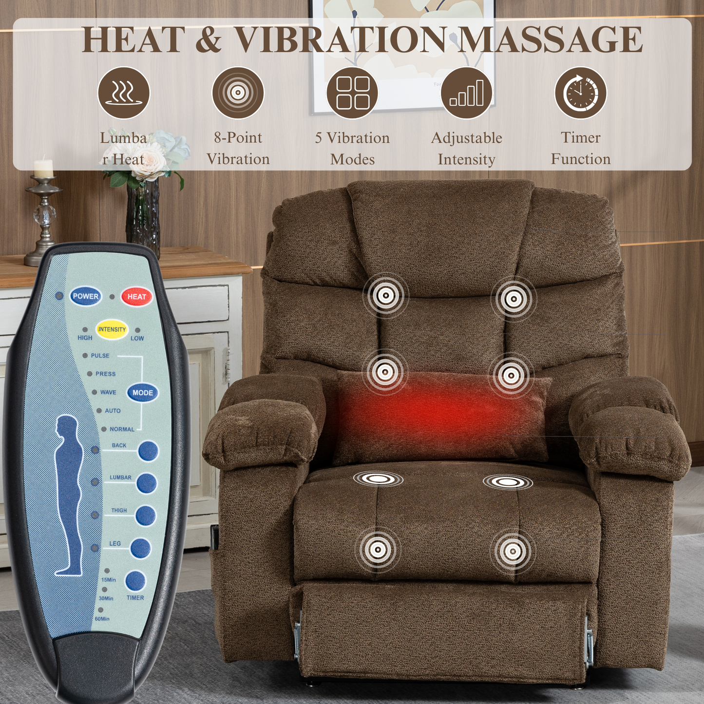 JUUXO Big Tall Man 500 lbs Recliners Power Lift Chair with Heat & Massage - USB & Type C Charging - Mocha Brown Chenille
