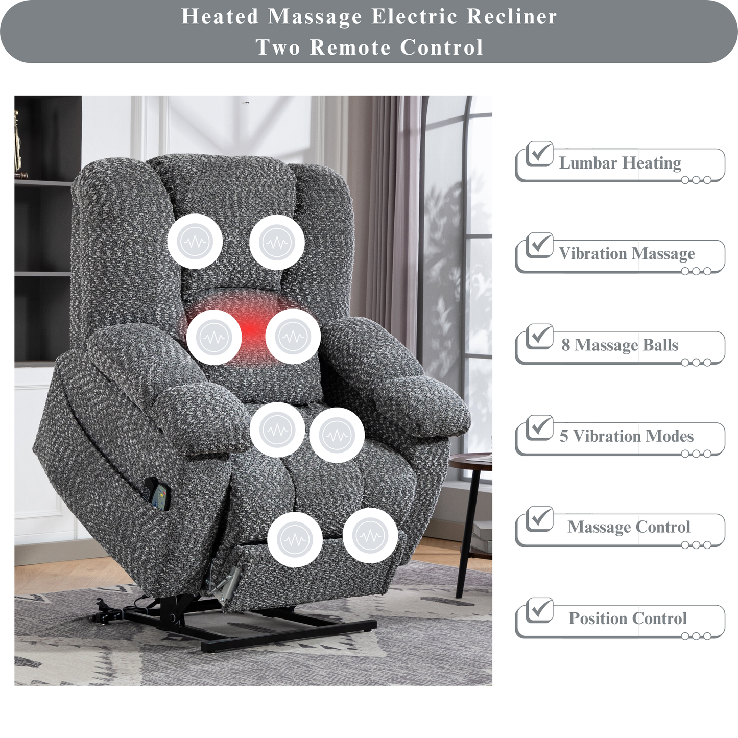 JUUXO Big Tall Man 500 lbs Recliners Power Lift Chair with Heat & Massage - USB & Type C Charging - Heather Grey Chenille