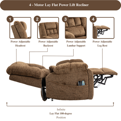 JUUXO Majesty 2.0 Oversized 4-Motor Lay Flat Lift Recliner Chair with Heat & Massage - 400 lb - Brown Chenille