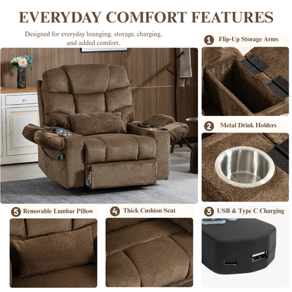 JUUXO Big Tall Man 500 lbs Recliners Power Lift Chair with Heat & Massage - USB & Type C Charging - Mocha Brown Chenille