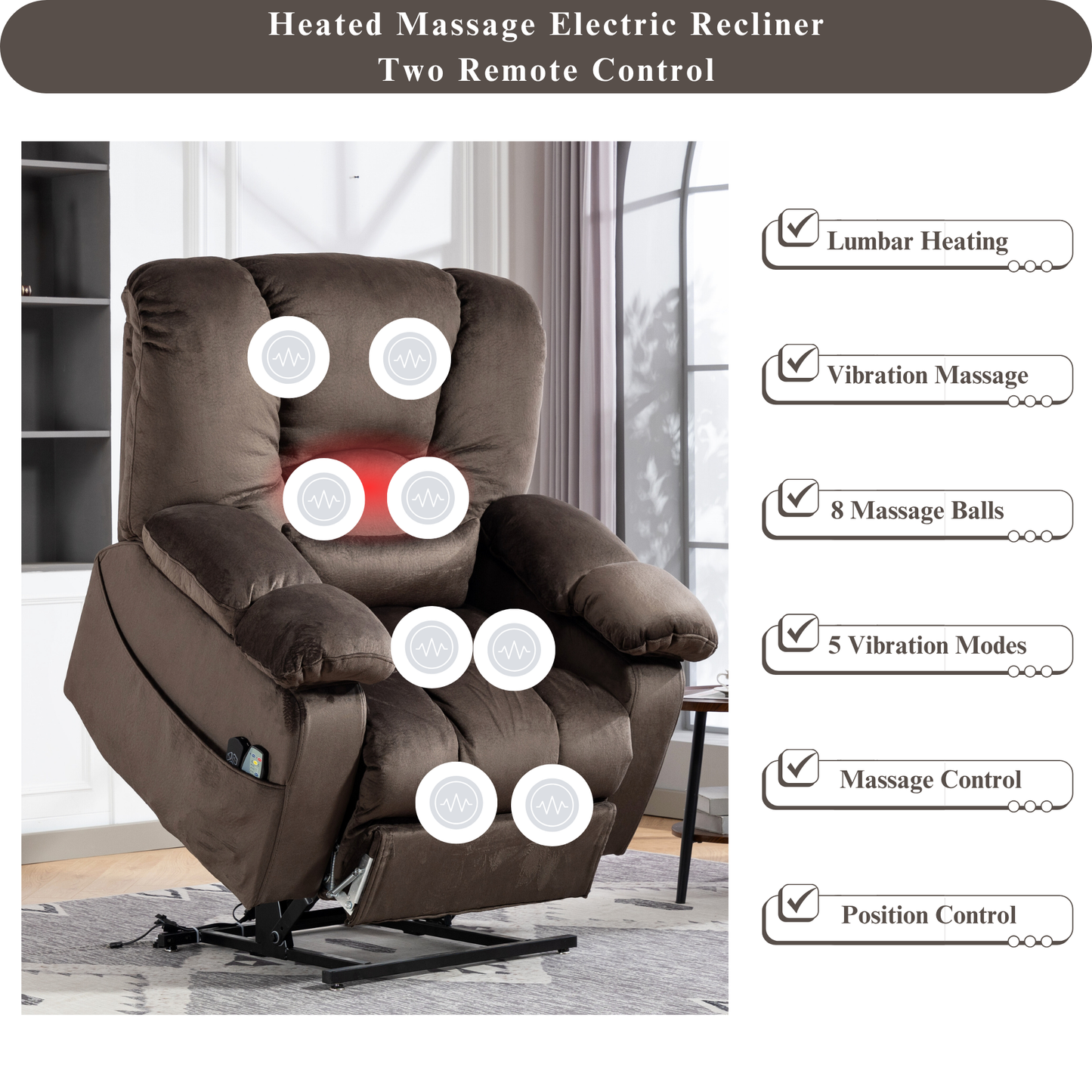 JUUXO Big Tall Man 500 lbs Recliners Power Lift Chair with Heat & Massage - USB & Type C Charging - Brown Velvet