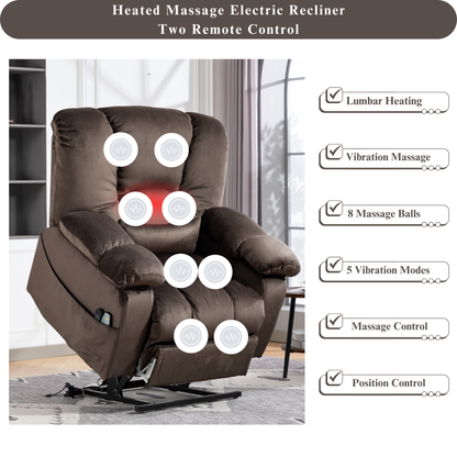 JUUXO Big Tall Man 500 lbs Recliners Power Lift Chair with Heat & Massage - USB & Type C Charging - Brown Velvet