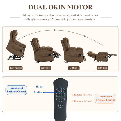 JUUXO Big Tall Man 500 lbs Recliners Power Lift Chair with Heat & Massage - USB & Type C Charging - Mocha Brown Chenille