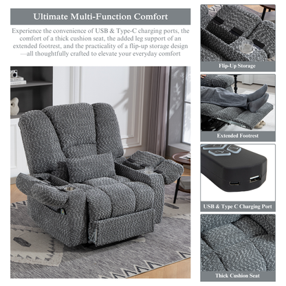 JUUXO Big Tall Man 500 lbs Recliners Power Lift Chair with Heat & Massage - USB & Type C Charging - Heather Grey Chenille