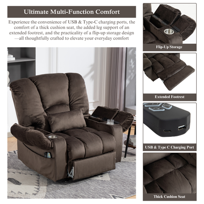 JUUXO Big Tall Man 500 lbs Recliners Power Lift Chair with Heat & Massage - USB & Type C Charging - Brown Velvet