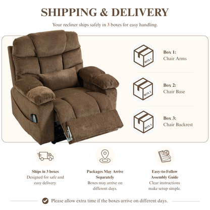 JUUXO Big Tall Man 500 lbs Recliners Power Lift Chair with Heat & Massage - USB & Type C Charging - Mocha Brown Chenille
