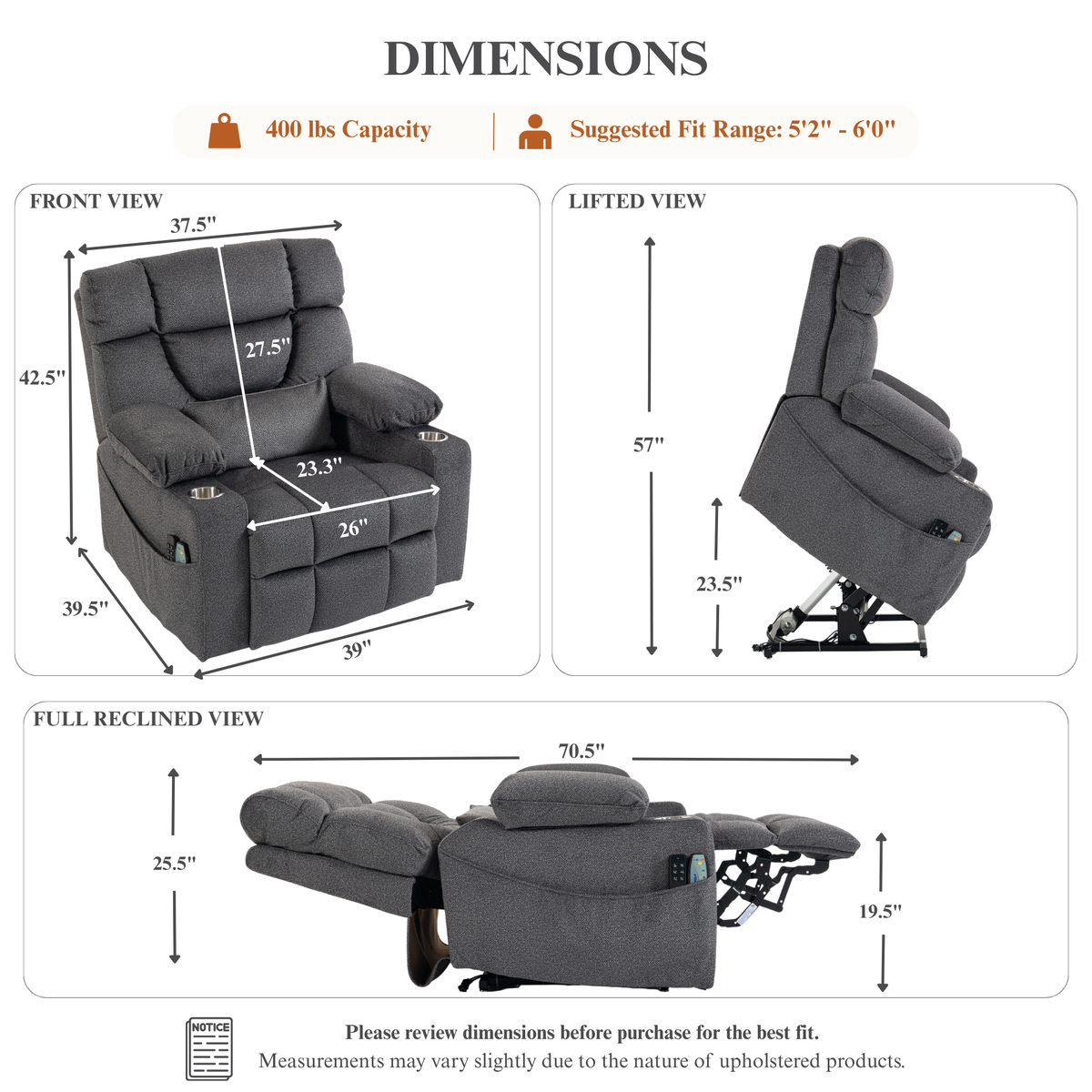 Triple Motor Power Lift Recliner Chair for Elderly, Lay Flat Recliner with Adjustable Headrest, Vibration Massage and Lumbar Heat, Flip-Open Arm Storage, Cup Holders