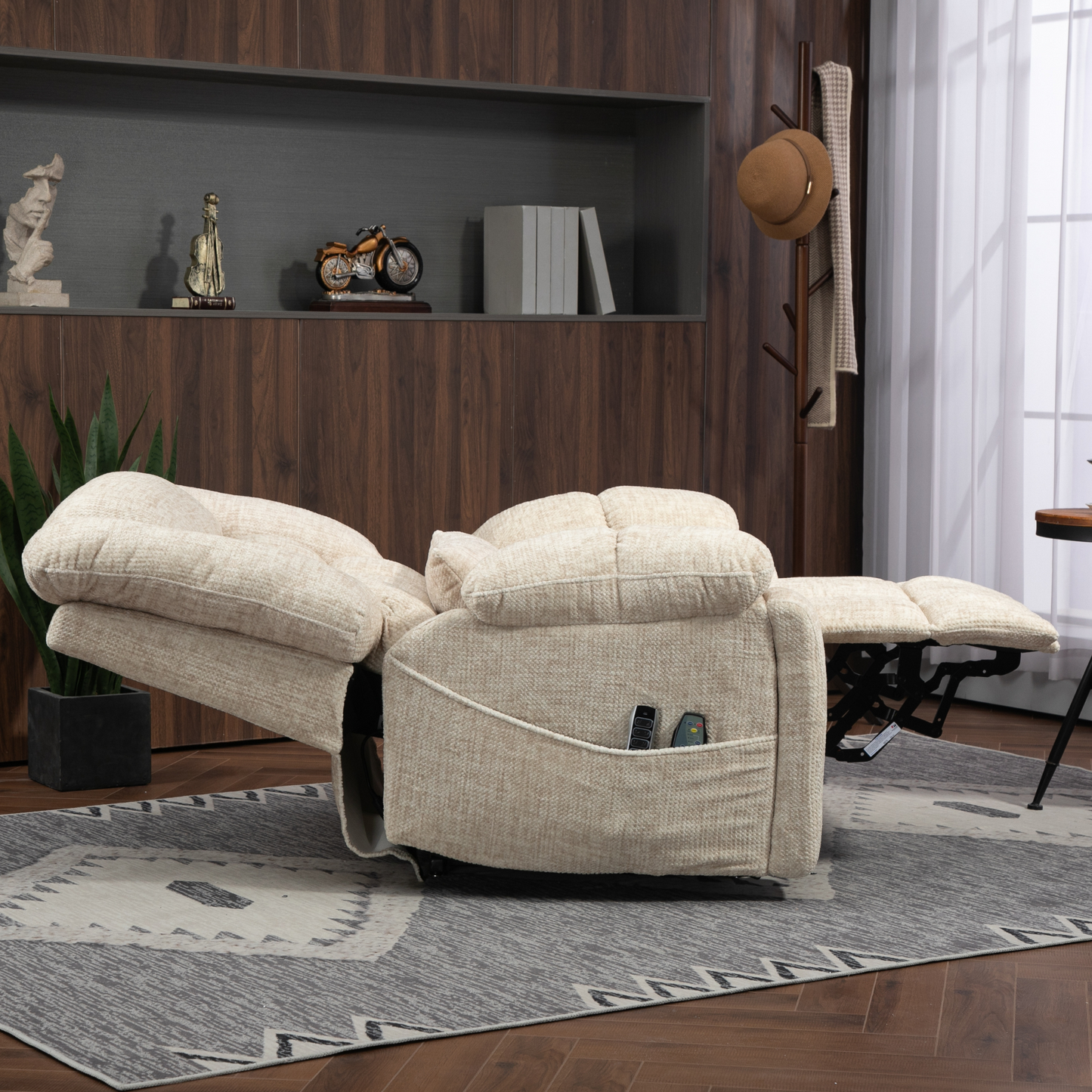 JUUXO Majesty 2.0 Oversized 4-Motor Lay Flat Lift Recliner Chair with Heat & Massage - 400 lb - Cream Chenille
