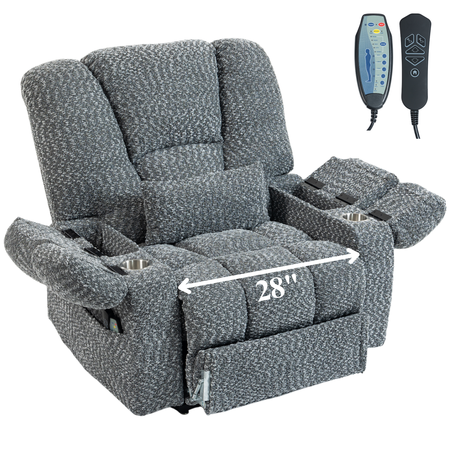 JUUXO Big Tall Man 500 lbs Recliners Power Lift Chair with Heat & Massage - USB & Type C Charging - Heather Grey Chenille