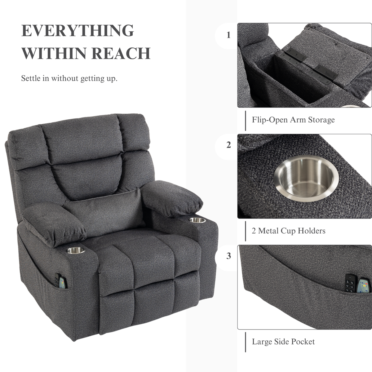 Triple Motor Power Lift Recliner Chair for Elderly, Lay Flat Recliner with Adjustable Headrest, Vibration Massage and Lumbar Heat, Flip-Open Arm Storage, Cup Holders