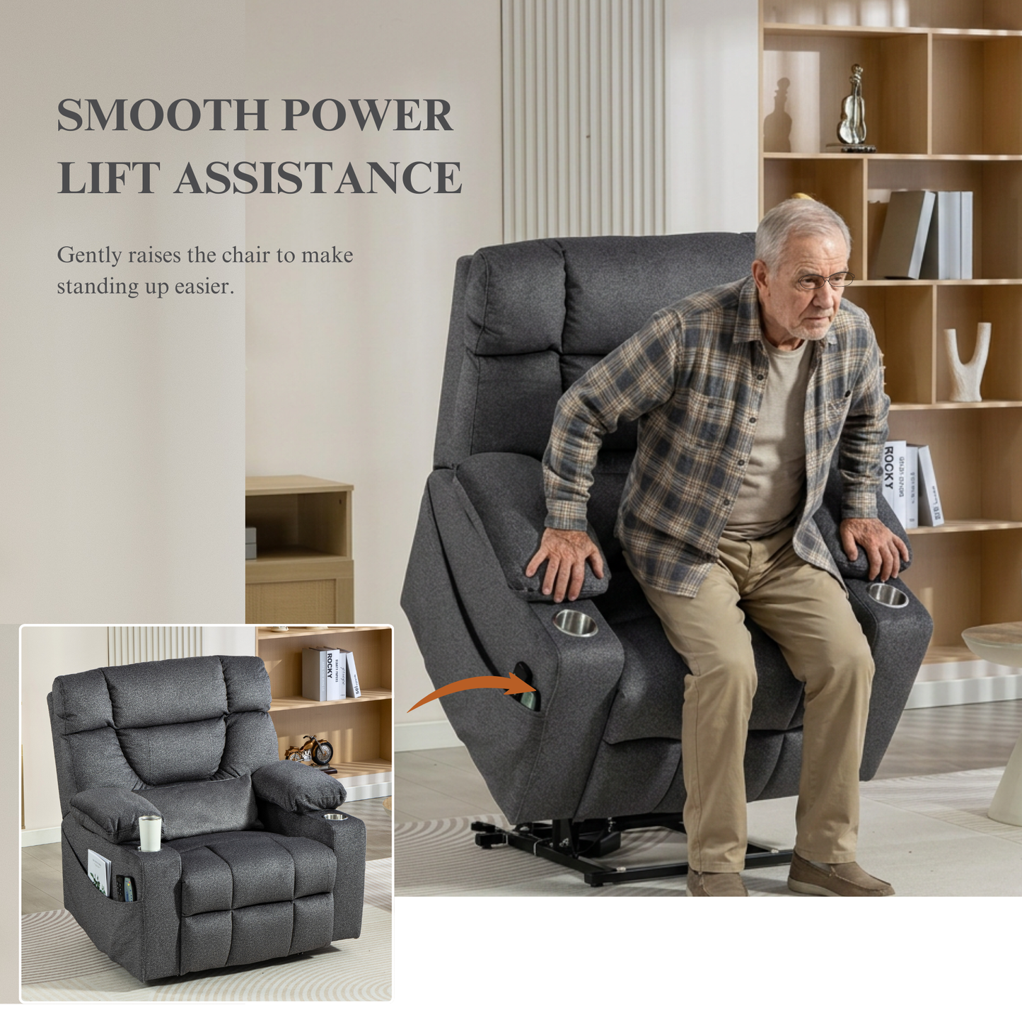 Triple Motor Power Lift Recliner Chair for Elderly, Lay Flat Recliner with Adjustable Headrest, Vibration Massage and Lumbar Heat, Flip-Open Arm Storage, Cup Holders