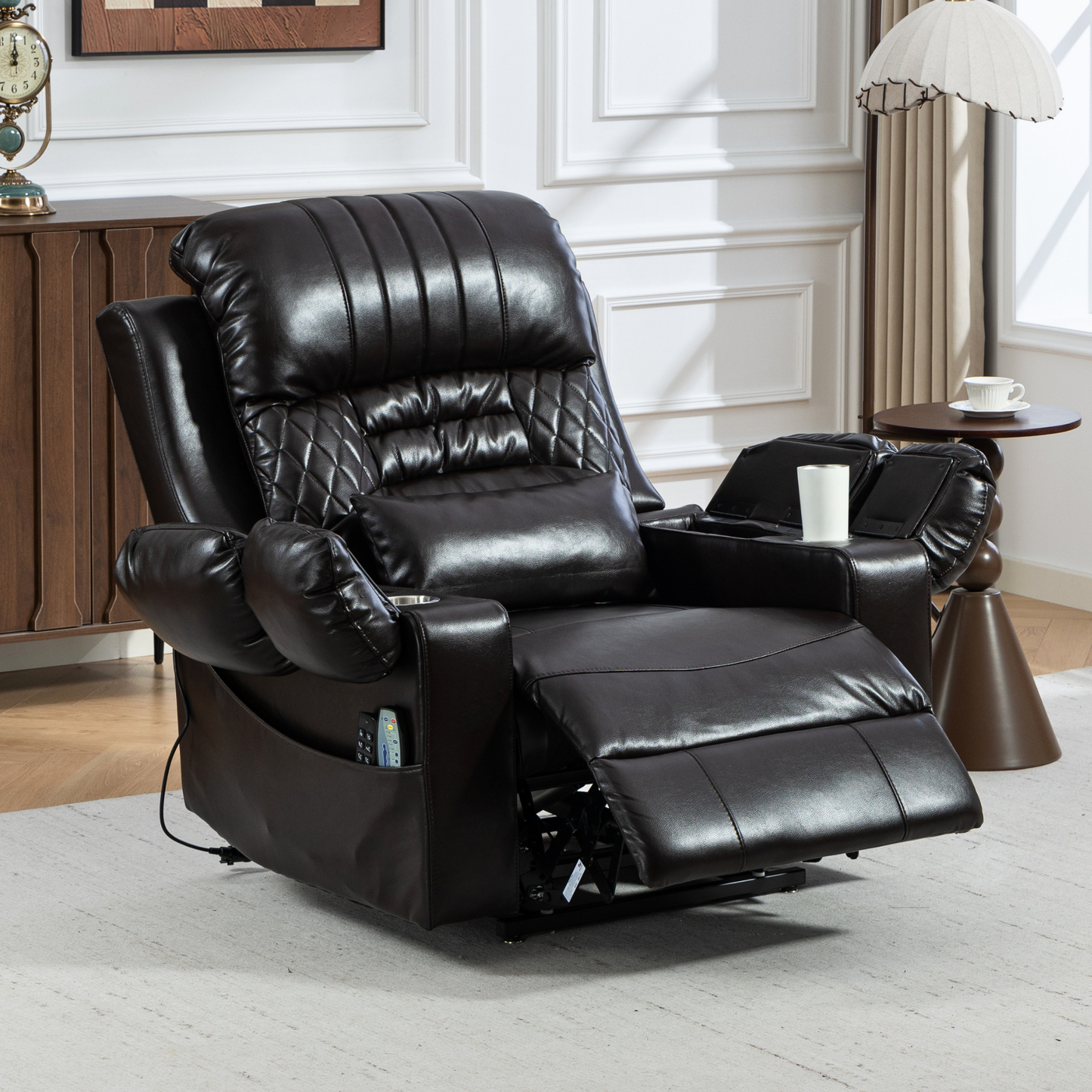 Triple Motor Power Lift Recliner Chair for Elderly, Lay Flat Recliner with Adjustable Headrest, Vibration Massage and Lumbar Heat, Flip-Open Arm Storage, Cup Holders