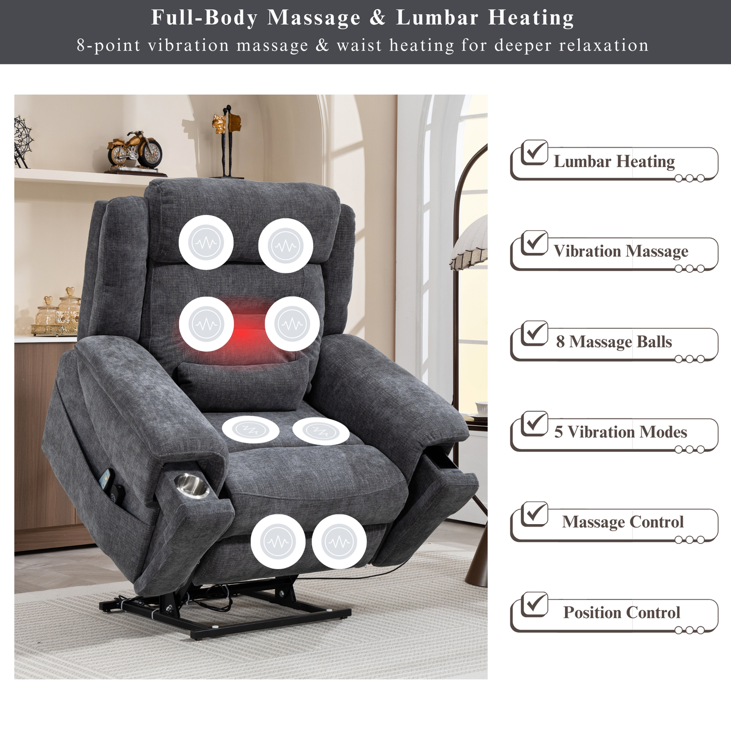 Big Man Recliners Power Lift Chair with Heat Massage, Cup Holder & Wireless Phone Charger, USB Type C Charging- 400 lbs Capacity - Greyish Blue