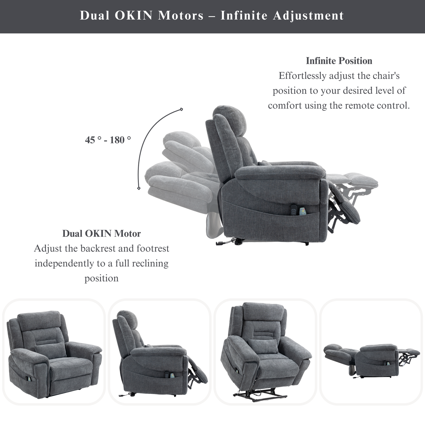 Big Man Recliners Power Lift Chair with Heat Massage, Cup Holder & Wireless Phone Charger, USB Type C Charging- 400 lbs Capacity - Greyish Blue
