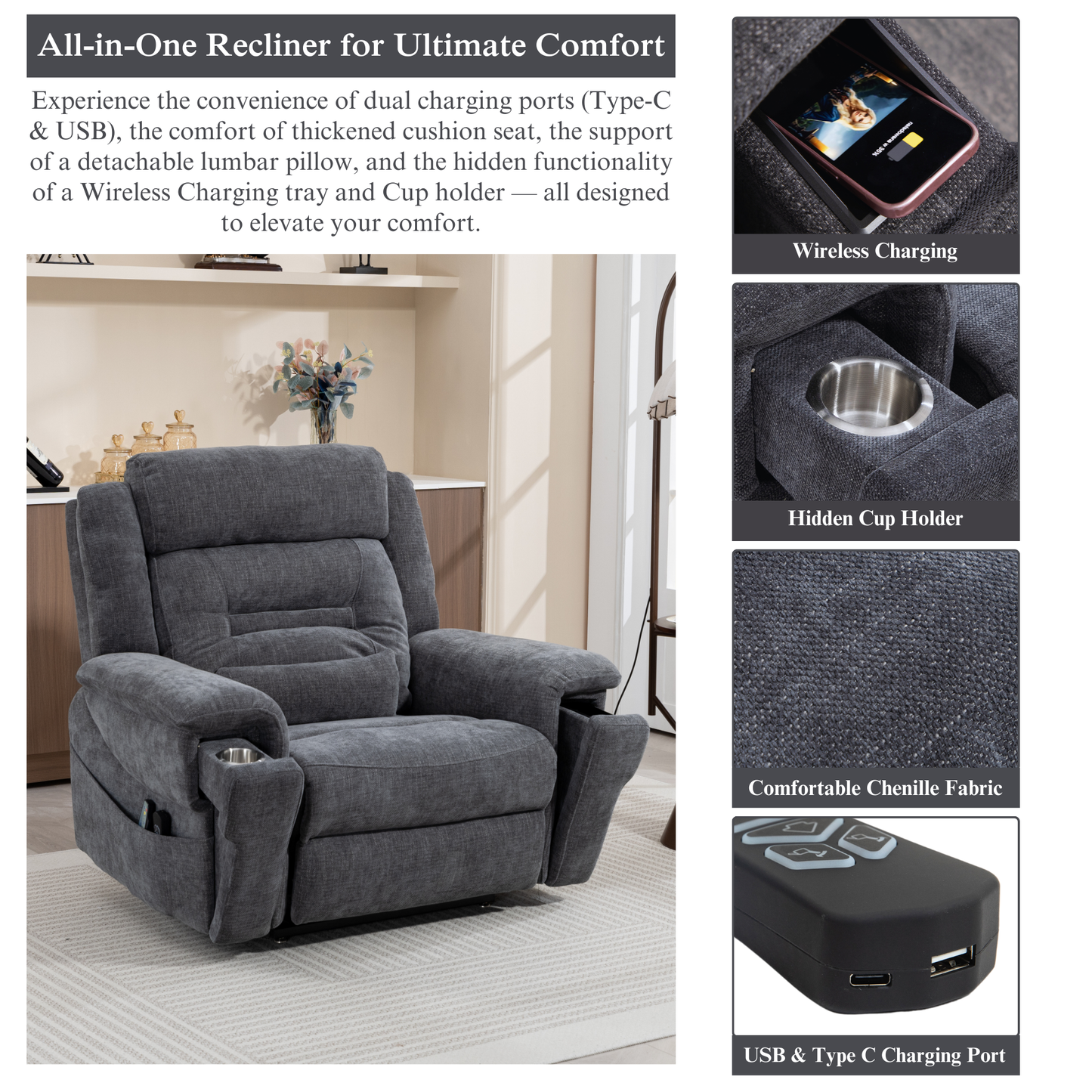 Big Man Recliners Power Lift Chair with Heat Massage, Cup Holder & Wireless Phone Charger, USB Type C Charging- 400 lbs Capacity - Greyish Blue