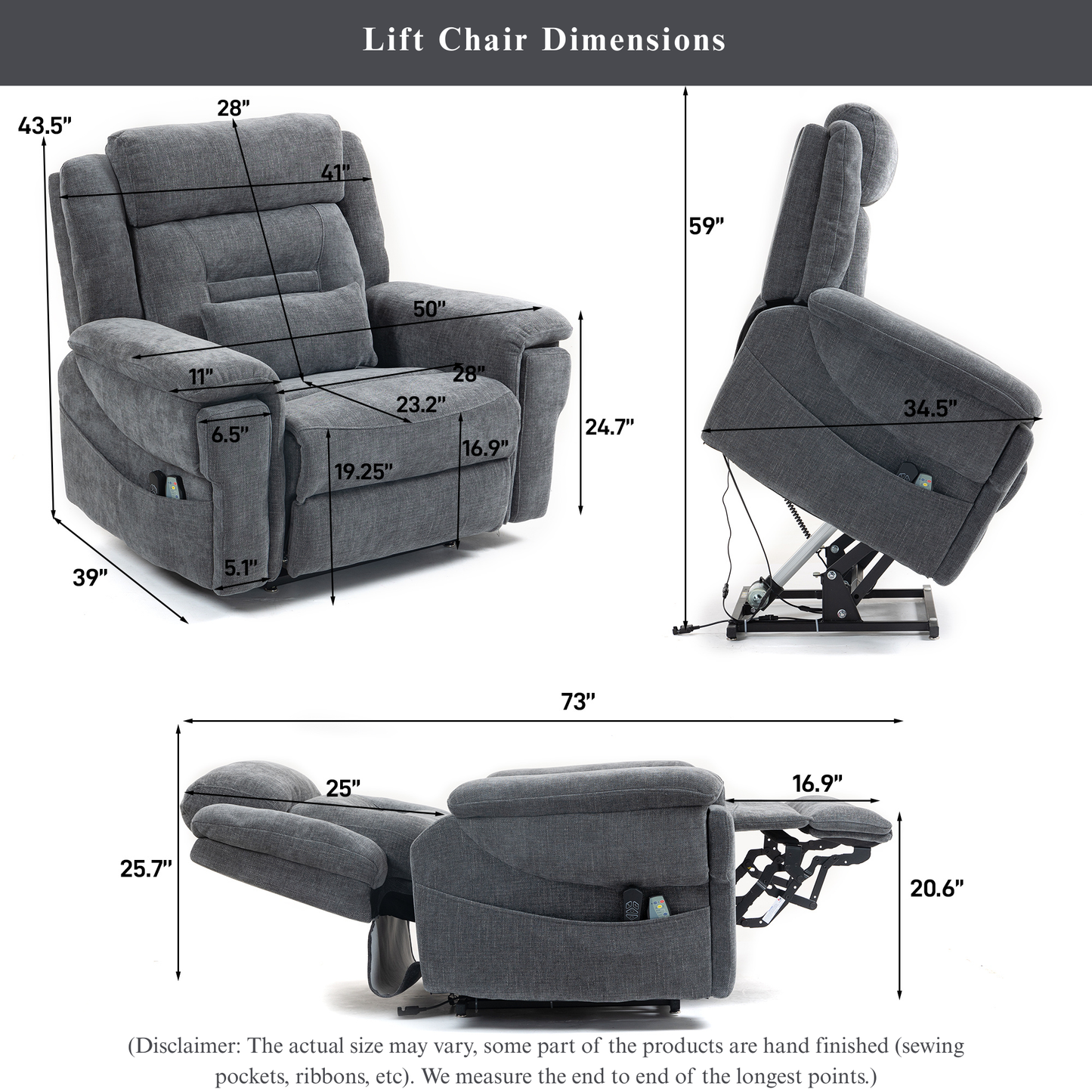 Big Man Recliners Power Lift Chair with Heat Massage, Cup Holder & Wireless Phone Charger, USB Type C Charging- 400 lbs Capacity - Greyish Blue