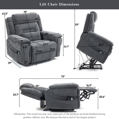 Big Man Recliners Power Lift Chair with Heat Massage, Cup Holder & Wireless Phone Charger, USB Type C Charging- 400 lbs Capacity - Greyish Blue