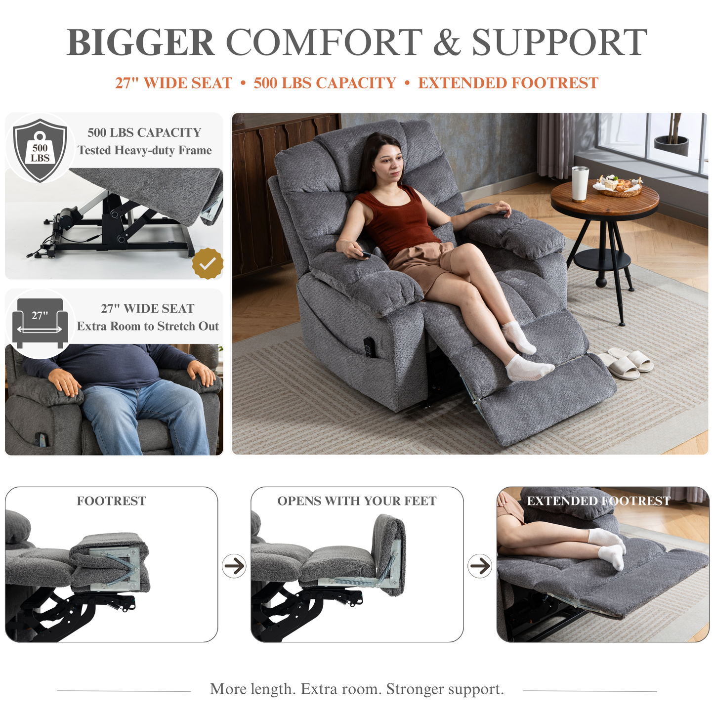 JUUXO Big Tall Man 500 lbs Recliners Power Lift Chair with Heat & Massage - USB & Type C Charging - Stone Gray Chenille