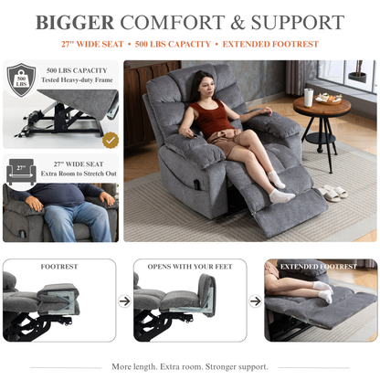 JUUXO Big Tall Man 500 lbs Recliners Power Lift Chair with Heat & Massage - USB & Type C Charging - Stone Gray Chenille