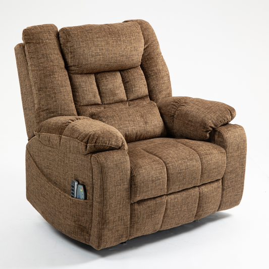 JUUXO Majesty 2.0 Oversized 4-Motor Lay Flat Lift Recliner Chair with Heat & Massage - 400 lb - Brown Chenille