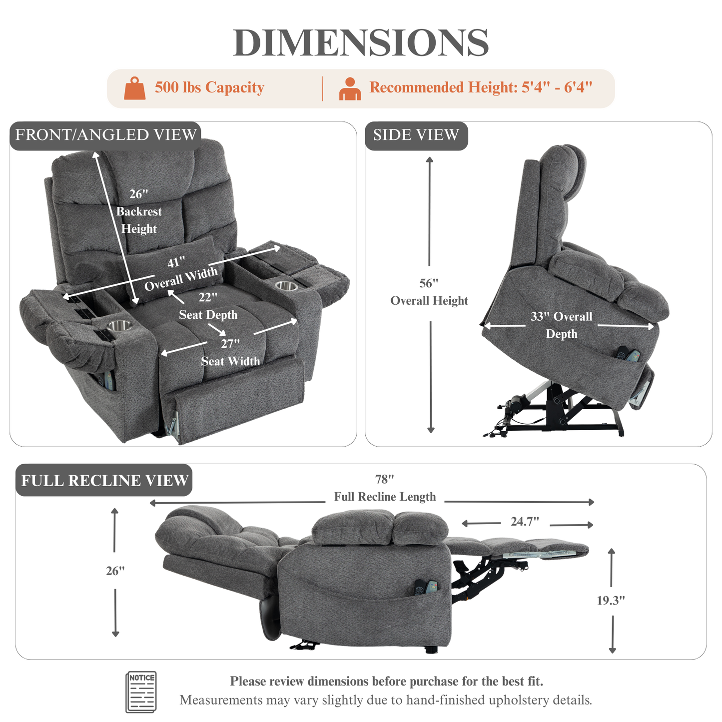 JUUXO Big Tall Man 500 lbs Recliners Power Lift Chair with Heat & Massage - USB & Type C Charging - Stone Gray Chenille