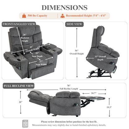 JUUXO Big Tall Man 500 lbs Recliners Power Lift Chair with Heat & Massage - USB & Type C Charging - Stone Gray Chenille