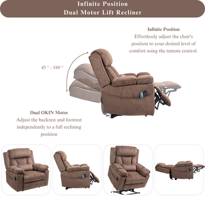 JUUXO Maximus Big Man Recliners Power Lift Chair with Heat & Massage - USB & Type C Charging- 400 lbs Capacity - Brown Chenille
