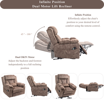 JUUXO Maximus Big Man Recliners Power Lift Chair with Heat & Massage - USB & Type C Charging- 400 lbs Capacity - Light Brown Velvet