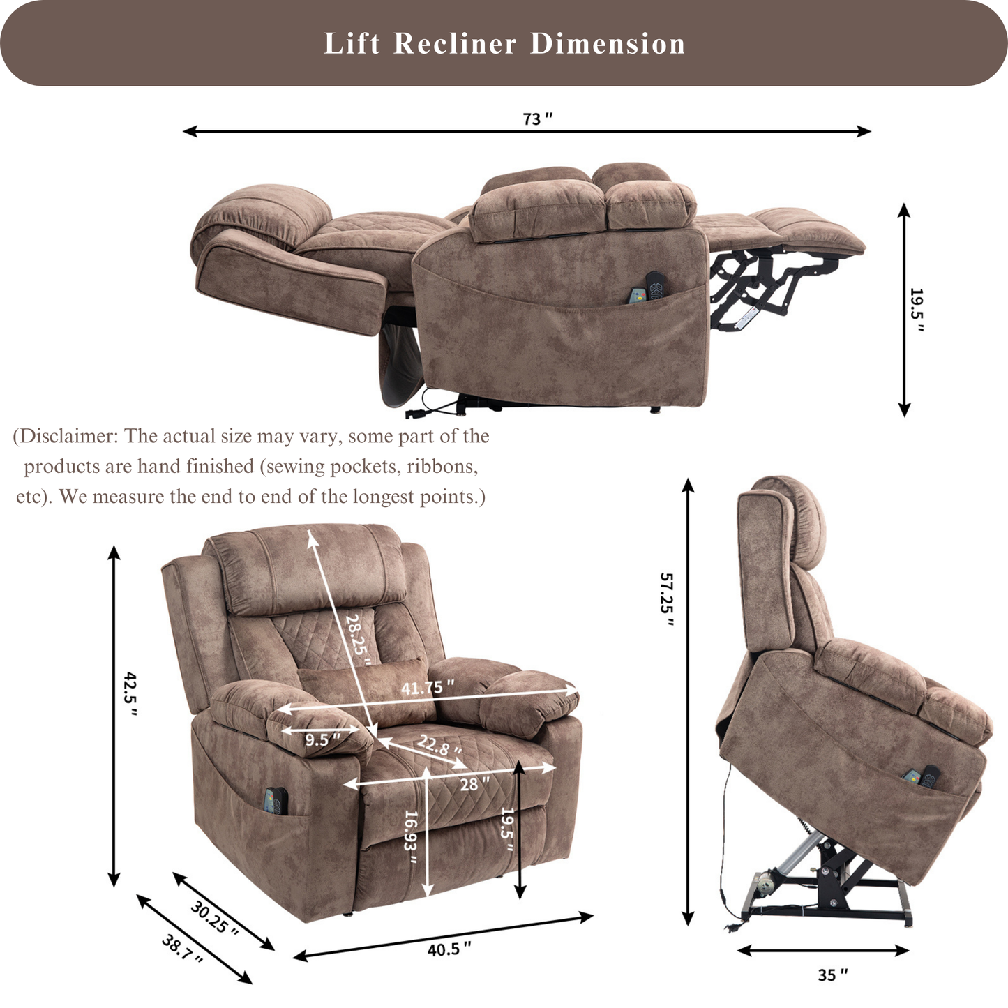 JUUXO Maximus Big Man Recliners Power Lift Chair with Heat & Massage - USB & Type C Charging- 400 lbs Capacity - Light Brown Velvet