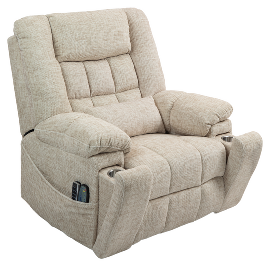 JUUXO Majesty 2.0 Oversized 4-Motor Lay Flat Lift Recliner Chair with Heat & Massage - 400 lb - Cream Chenille