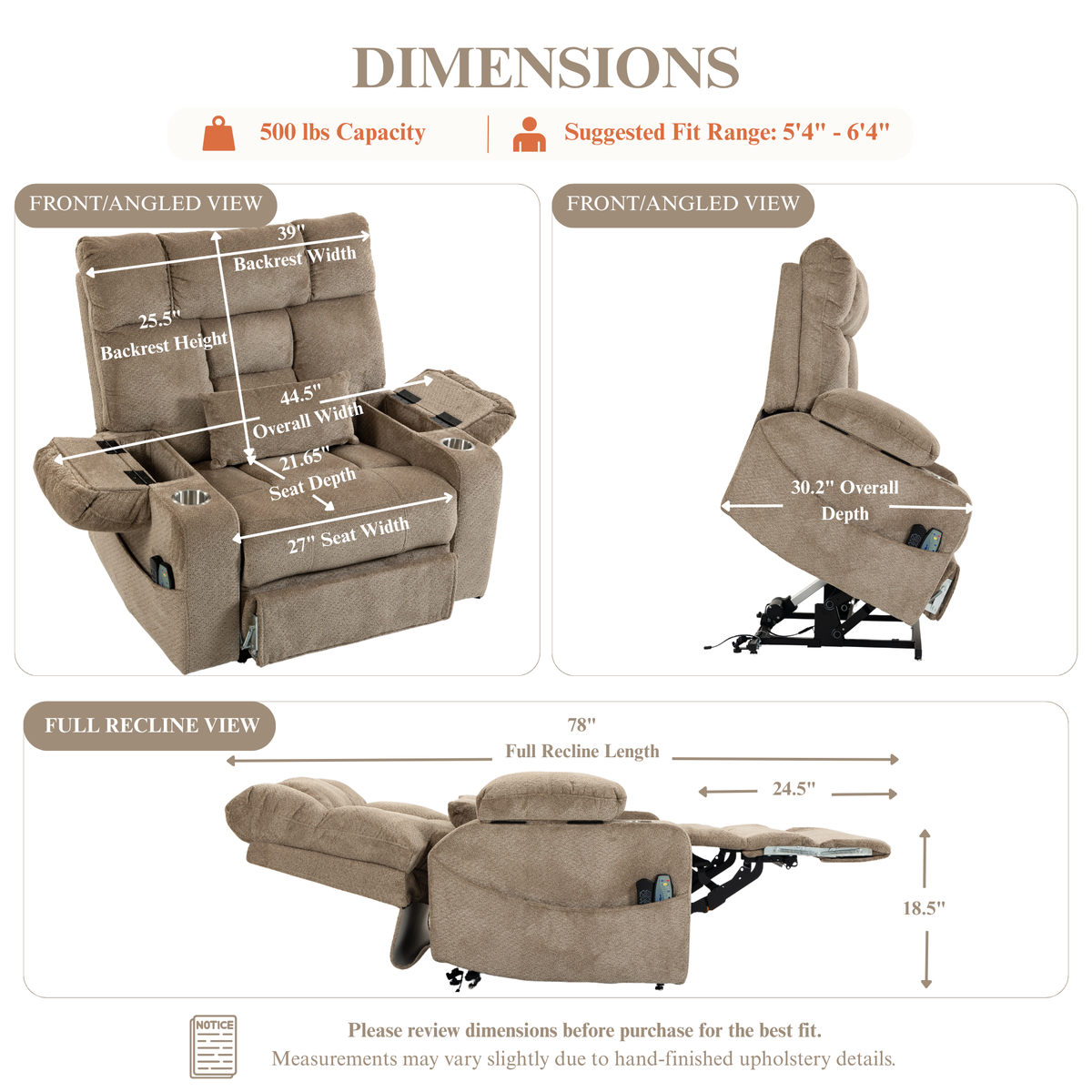JUUXO Big Tall Man 500 lbs Recliners Power Lift Chair with Heat & Massage - USB & Type C Charging - Oatmeal Chenille