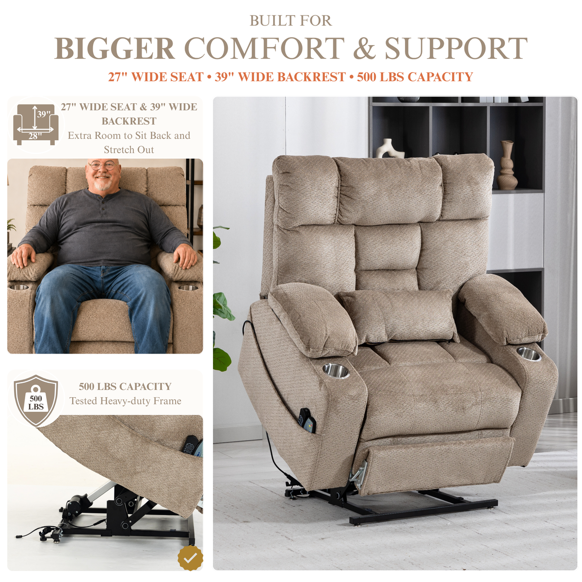 JUUXO Big Tall Man 500 lbs Recliners Power Lift Chair with Heat & Massage - USB & Type C Charging - Oatmeal Chenille