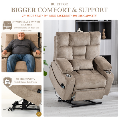 JUUXO Big Tall Man 500 lbs Recliners Power Lift Chair with Heat & Massage - USB & Type C Charging - Oatmeal Chenille